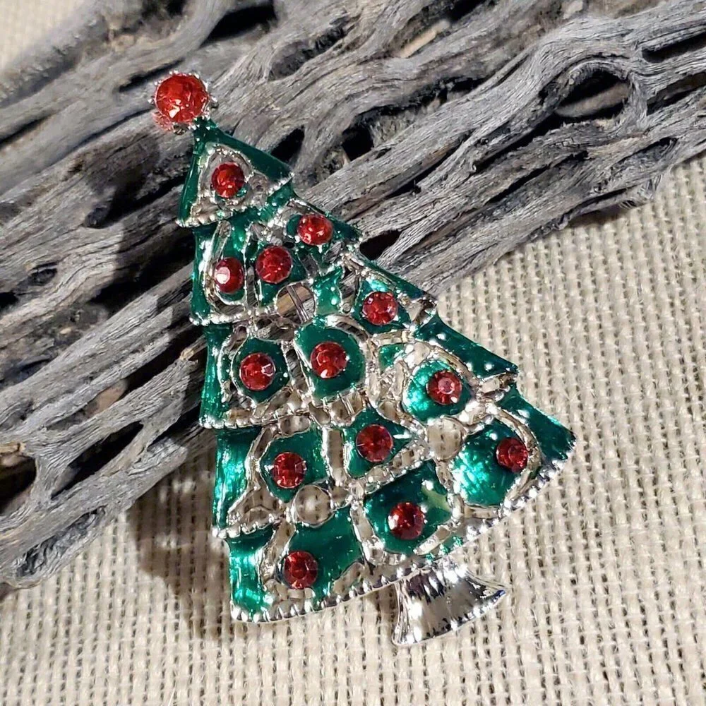 Y2K 90s VintageRed Rhinestone Christmas Tree Enamel Christmas Sweater Pin Brooch